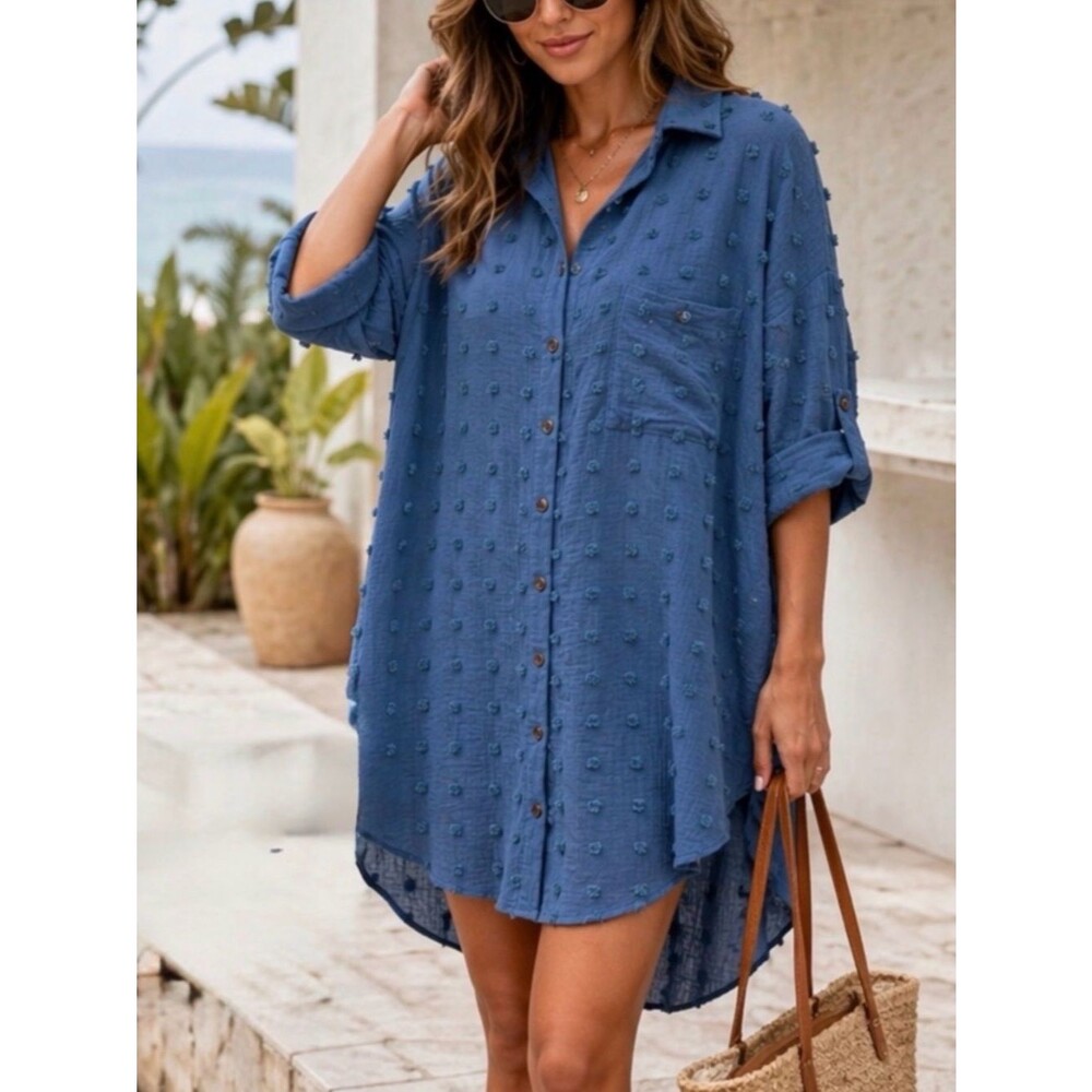 Blue Textured Shirt Dress Tunic Button Down Boho Beach Cover Up OS